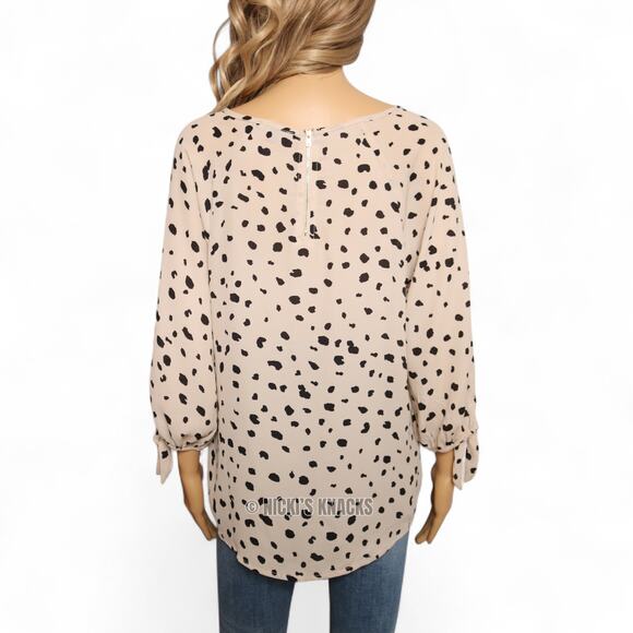 Papermoon Stitch Fix Animal Spot Blouse Sheer Tie Cuff 3/4 Sleeve Beige Black M - Picture 4 of 8